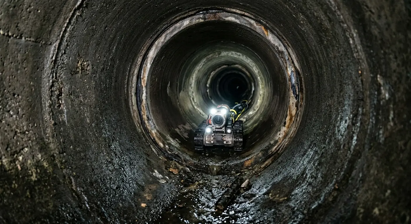 Robotic sewer camera inspecting pipe interior for Sewer Line Cleaning in Vinton