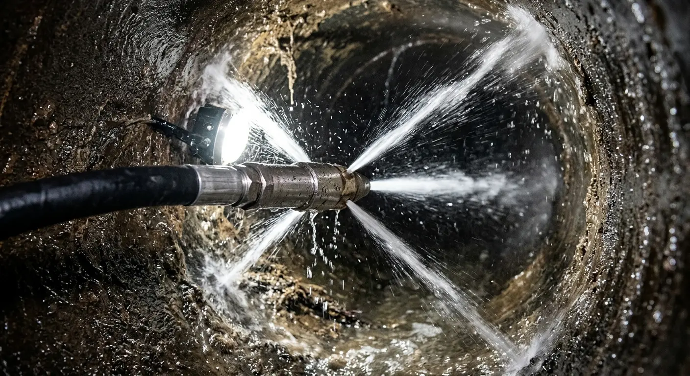 High-pressure hydro jetting nozzle cleaning sewer pipe for Trenchless Sewer Repair in Vinton
