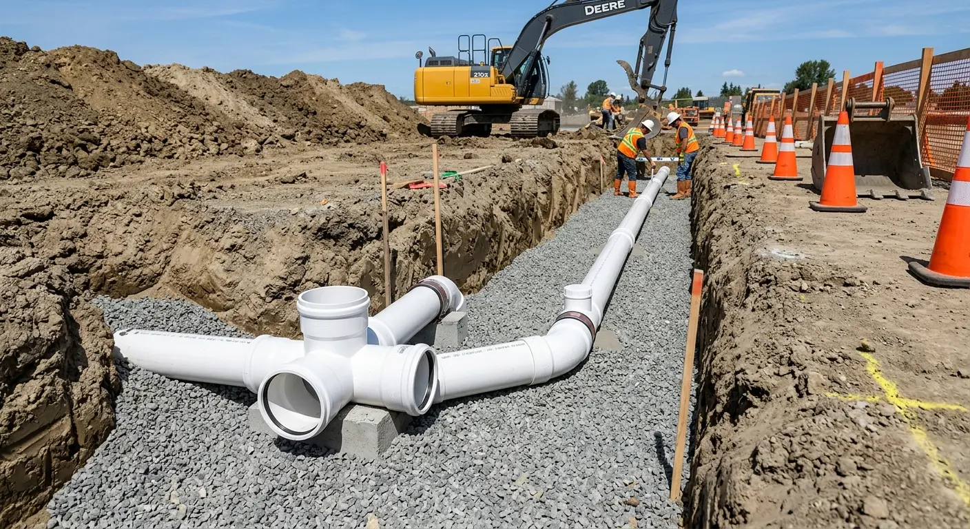 New PVC sewer pipe installation in open trench for Sewer Backup in Vinton