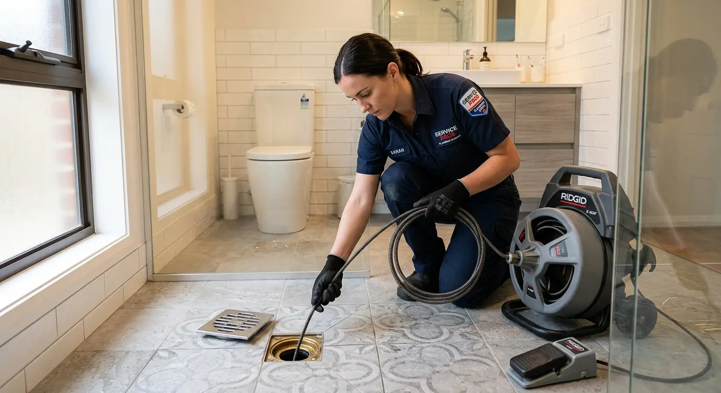 Technician clearing a bathroom floor drain for Drain Cleaning in Vinton